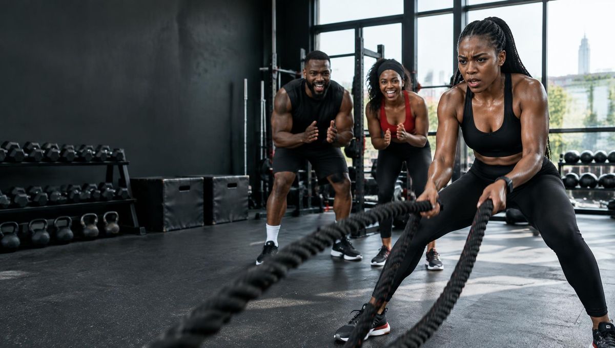 Members training together with battle ropes at MaxFit Gyms